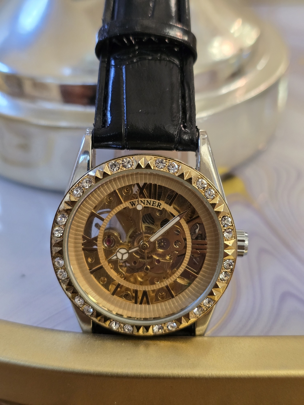 Men’s Gold Skeleton Dial Watch with Black Leather Strap Winner